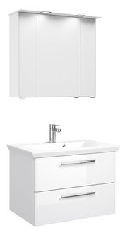 Moderner weißer Badblock mit Spiegelschrank und Waschbecken, Frontalansicht