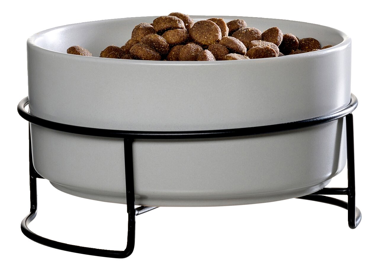 Hochwertiger Napf in einem schwarzen Metallständer, gefüllt mit Trockenfutter, seitliche Perspektive