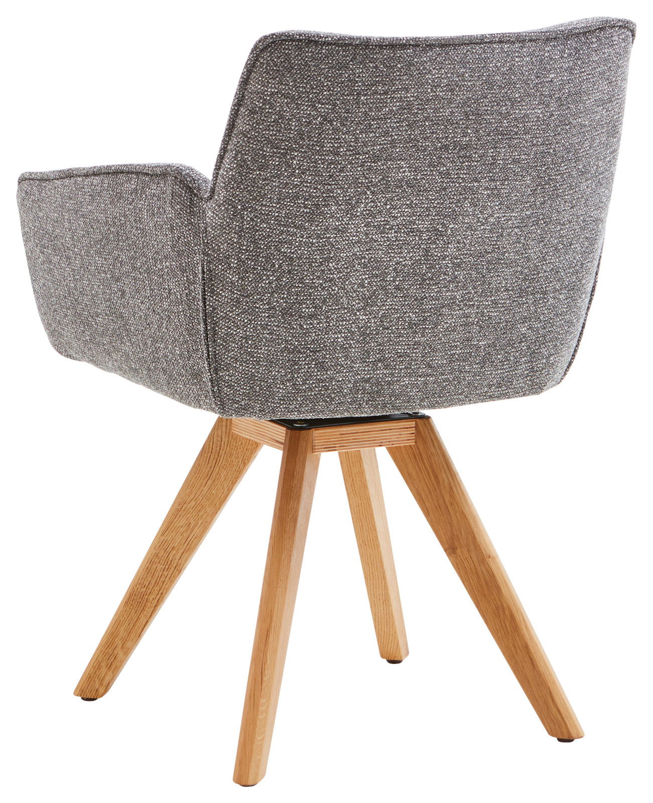 Rückansicht eines grauen Armlehnstuhls mit Holzbeinen