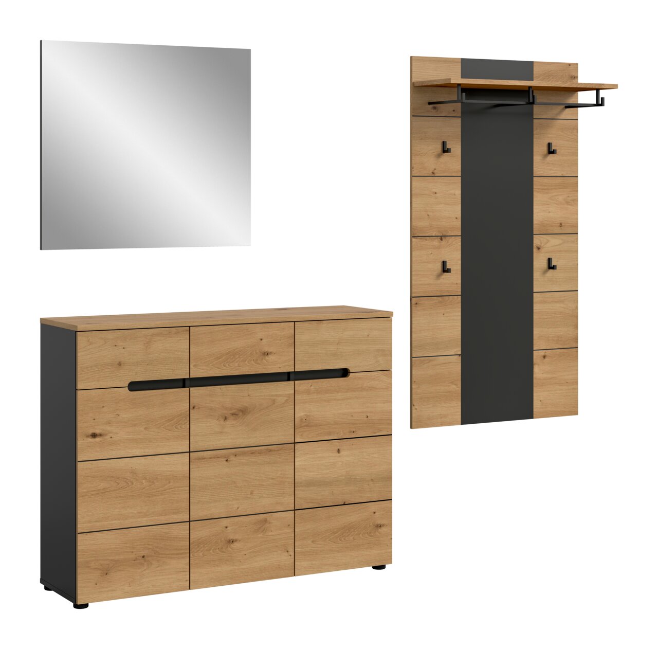 MID.YOU Garderobenkombination CANU Garderoben-Set im modernen Holz- und Schwarzdesign mit Wandspiegel, Schuhkommode und Garderobenpaneel mit Haken und Ablage, freigestellt in Frontansicht auf weißem Hintergrund