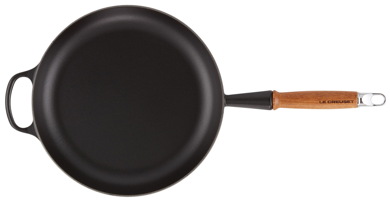 Schwarze Bratpfanne mit Holzgriff, Draufsicht