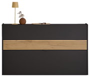 Moderner Schuhschrank in dunklem Design mit Holzstreifen, dekoriert mit Lampe und Vase, Frontalansicht