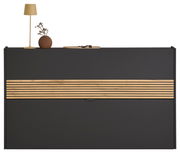 Moderner Schuhschrank in dunklem Design mit Holzstreifen, dekoriert mit Lampe und Vase, Frontalansicht