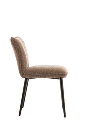 Seitenansicht eines modernen Stuhls mit gepolstertem Sitz und Rückenlehne, sowie schwarzen Metallbeinen.