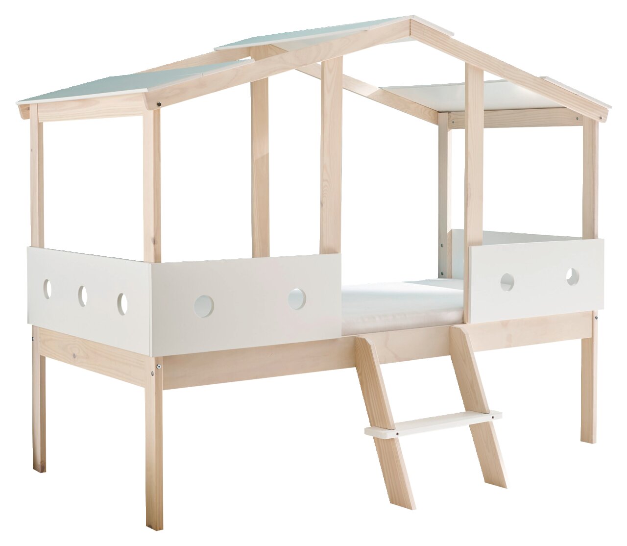 Spielbett aus hellem Holz mit weißem Dach und seitlichen Paneelen, seitliche Perspektive