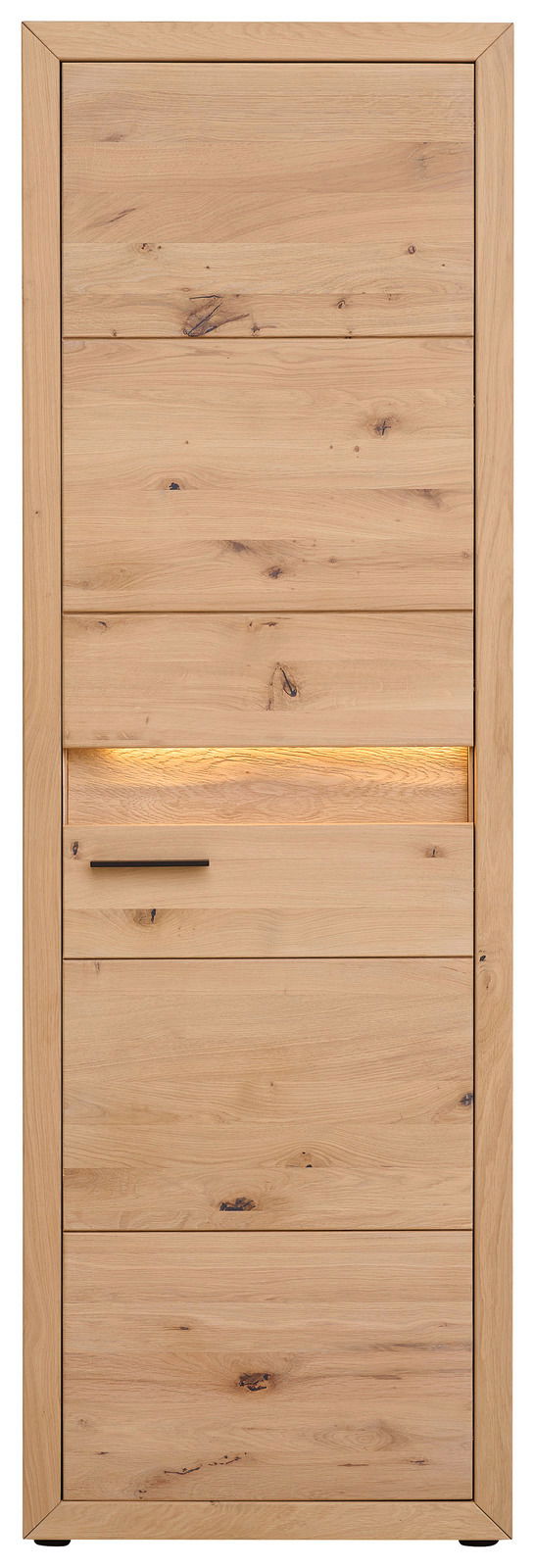 Frontale Ansicht eines Garderobenschranks aus Holz mit natürlicher Maserung und integrierter Beleuchtung.