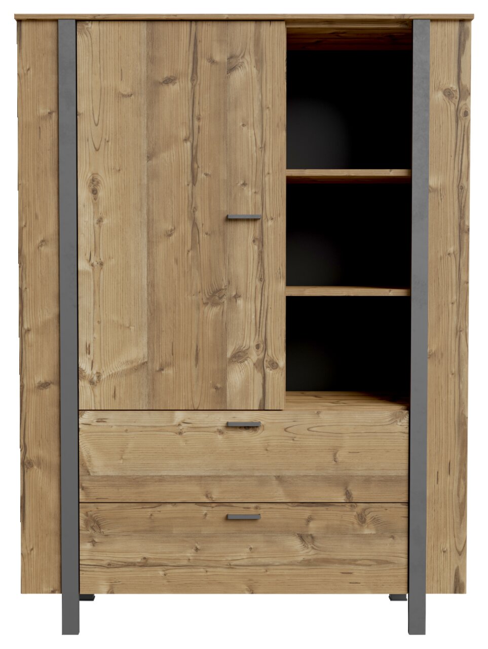 Frontale Ansicht eines modernen Highboards aus Holz mit Metallakzenten, zwei Schubladen und offenen Regalfächern.