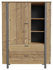 Frontale Ansicht eines modernen Highboards aus Holz mit Metallakzenten, zwei Schubladen und offenen Regalfächern.
