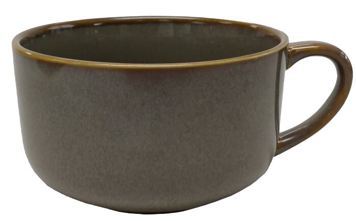 Graue Cappuccinotasse mit Henkel, seitliche Perspektive