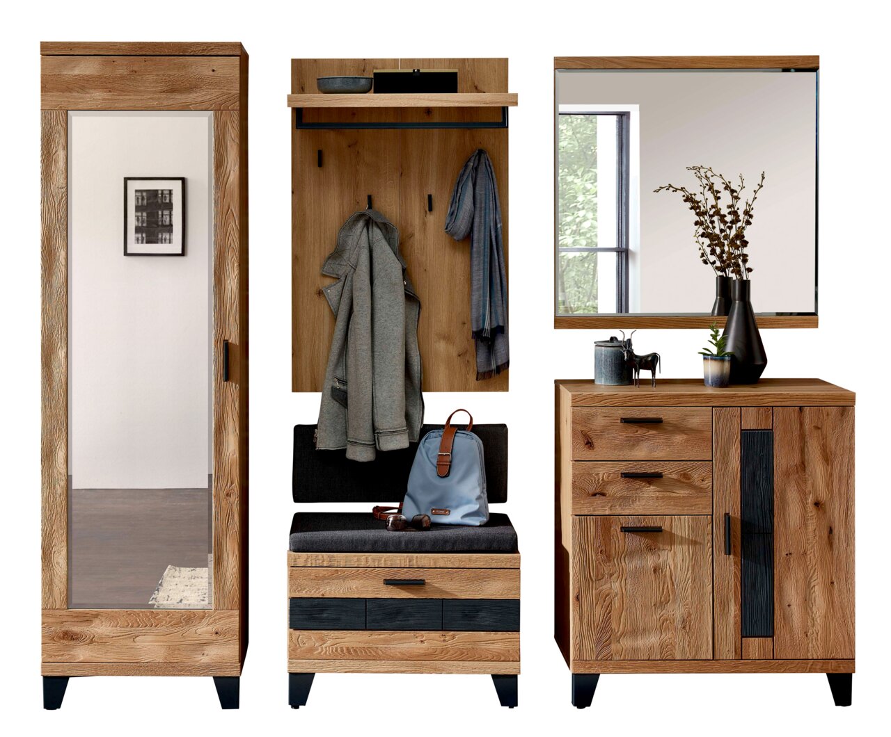 Linea Natura Garderobenkombination-Set PERSIKO Garderobenkombination Set 83 in Holzoptik, bestehend aus einem hohen Schrank mit Spiegel, einer Sitzbank mit Stauraum und Hakenleiste, sowie einer Kommode mit Spiegel. Frontalansicht.