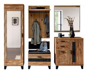 Garderobenkombination Set 83 in Holzoptik, bestehend aus einem hohen Schrank mit Spiegel, einer Sitzbank mit Stauraum und Hakenleiste, sowie einer Kommode mit Spiegel. Frontalansicht.