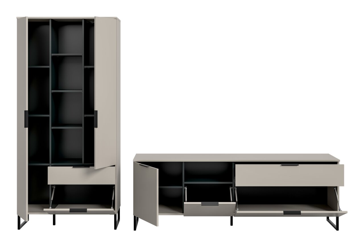 Zweiteiliges modernes Schrank- und Sideboard-Set in Beige mit schwarzen Innenfächern und Metallfüßen, Türen und Klappen geöffnet, Frontansicht
