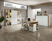 Moderne Büroumgebung mit Schreibtisch, Bürostuhl und Regalen, seitliche Perspektive