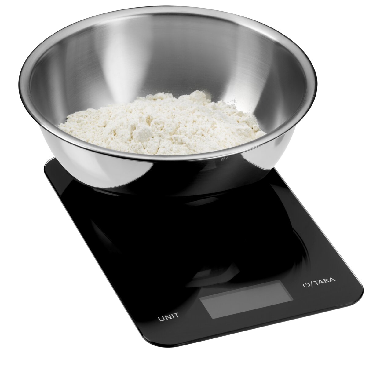 Digitale Küchenwaage in Schwarz mit einer Edelstahl-Schüssel voller Mehl, seitliche Perspektive