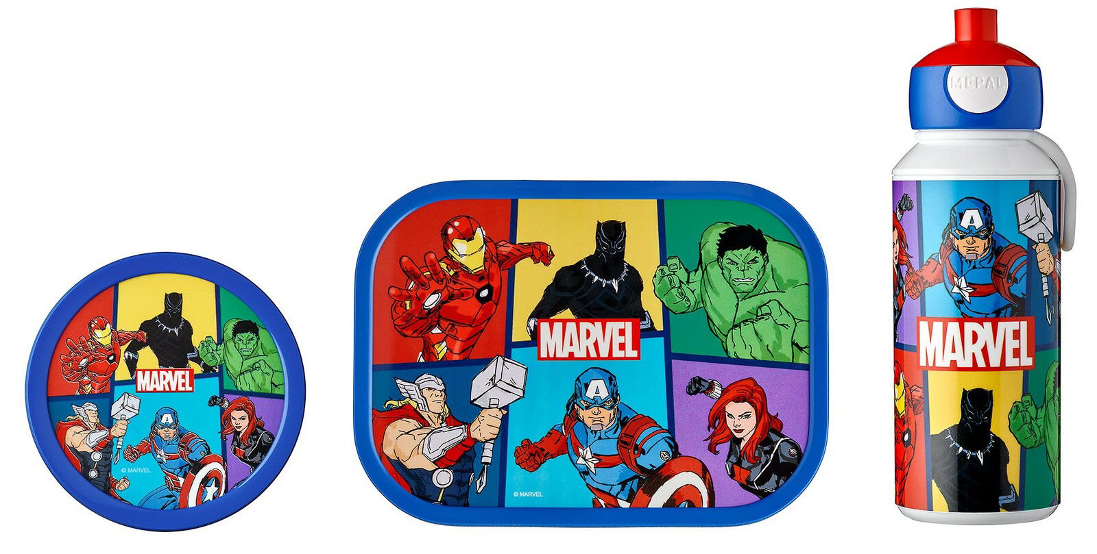 Lunchset Campus Avengers mit bunten Marvel-Heldenmotiven, bestehend aus einer runden Brotdose, einer rechteckigen Brotdose und einer Trinkflasche, aus der Vorderansicht.