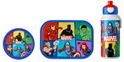 Lunchset Campus Avengers mit bunten Marvel-Heldenmotiven, bestehend aus einer runden Brotdose, einer rechteckigen Brotdose und einer Trinkflasche, aus der Vorderansicht.
