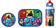 Lunchset Campus Avengers mit bunten Marvel-Heldenmotiven, bestehend aus einer runden Brotdose, einer rechteckigen Brotdose und einer Trinkflasche, aus der Vorderansicht.