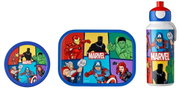 Lunchset Campus Avengers mit bunten Marvel-Heldenmotiven, bestehend aus einer runden Brotdose, einer rechteckigen Brotdose und einer Trinkflasche, aus der Vorderansicht.