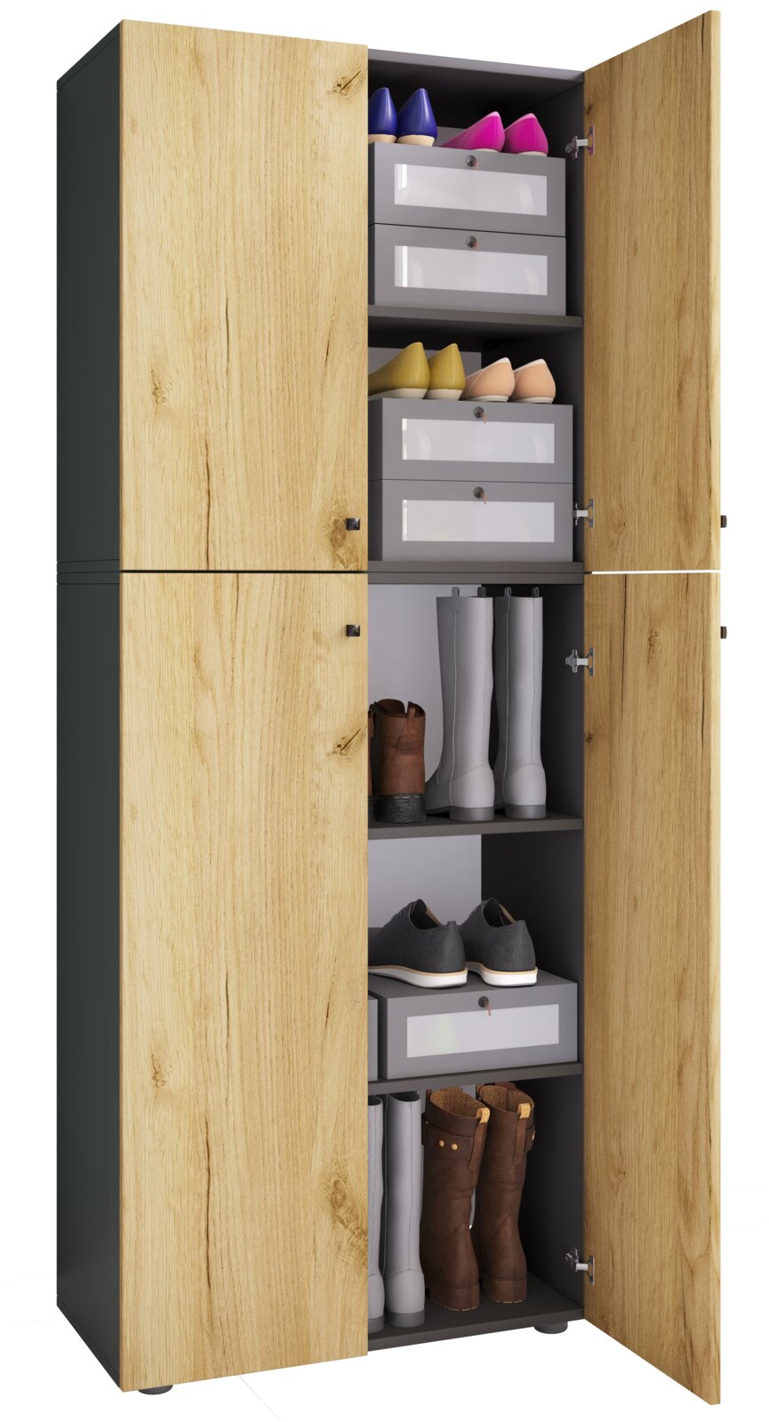 VCM Schuhschrank LONA XXL Hoher Schuhschrank in Holzoptik mit geöffneten Türen, mehreren Schubfächern und Regalböden mit Schuhen und Stiefeln, frontal in leichter Schrägansicht von vorn