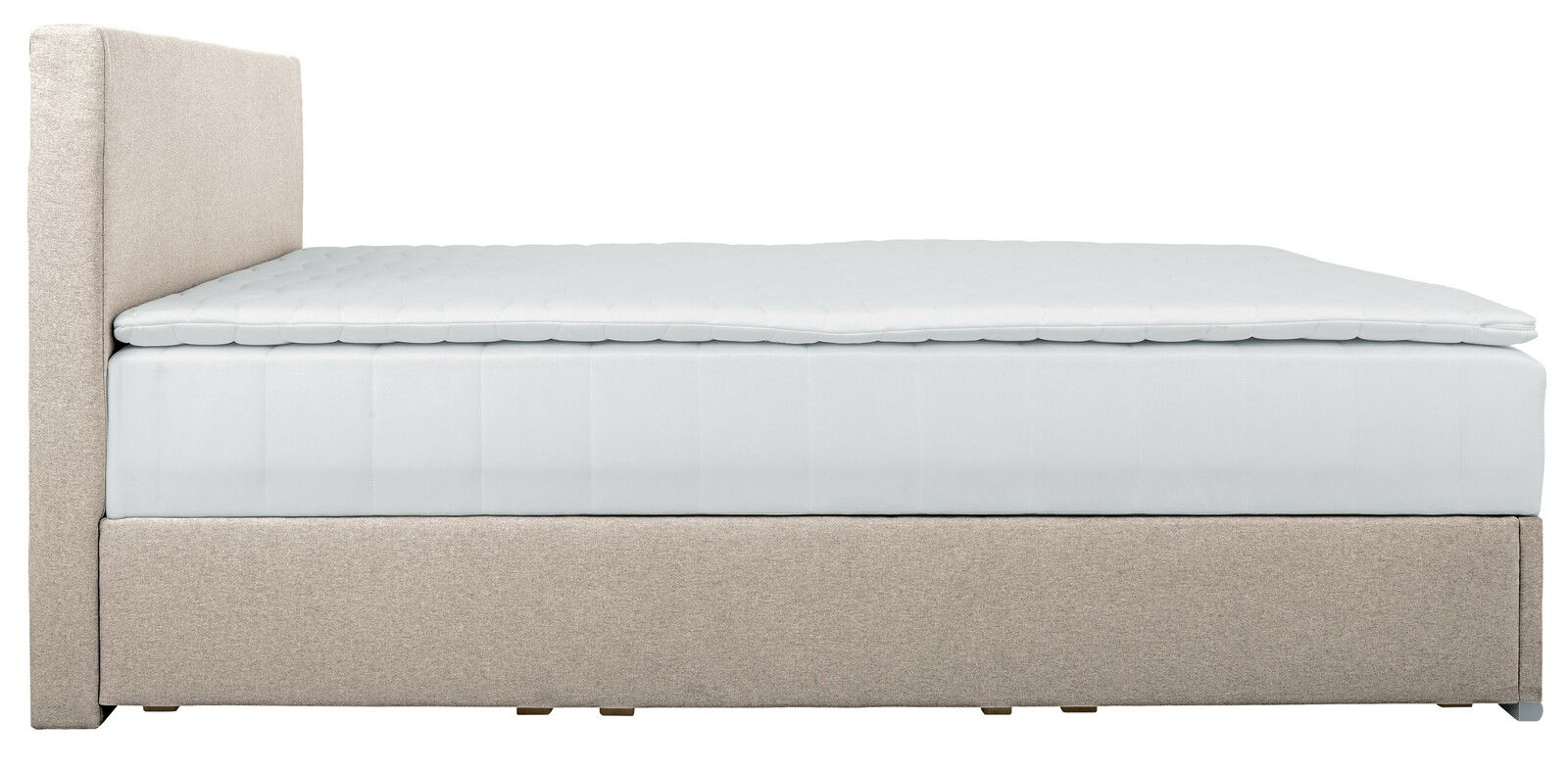 Seitenansicht eines Boxbetts 140 mit beigem Stoffbezug und weißer Matratze.