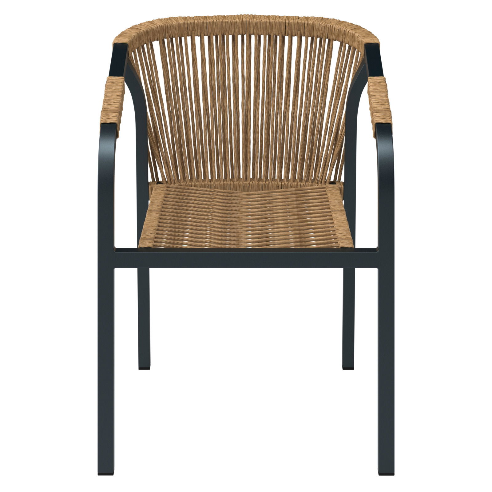 Frontansicht eines Stapelsessels mit schwarzem Metallrahmen und geflochtener Sitzfläche und Rückenlehne aus Naturmaterial.