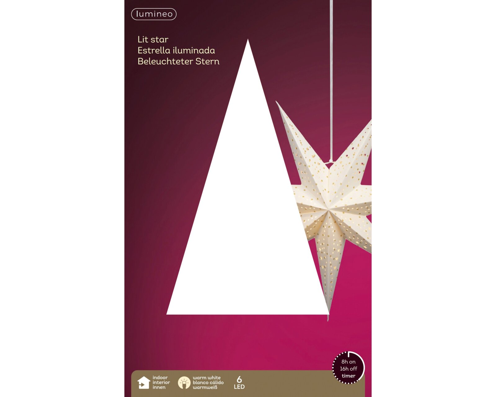 Verpackung des Lumineo LED-Leuchtsterns für den Innenbereich in frontaler Ansicht, mit warmweißem Licht, 6 LEDs und Timerfunktion (8 Stunden an, 16 Stunden aus)