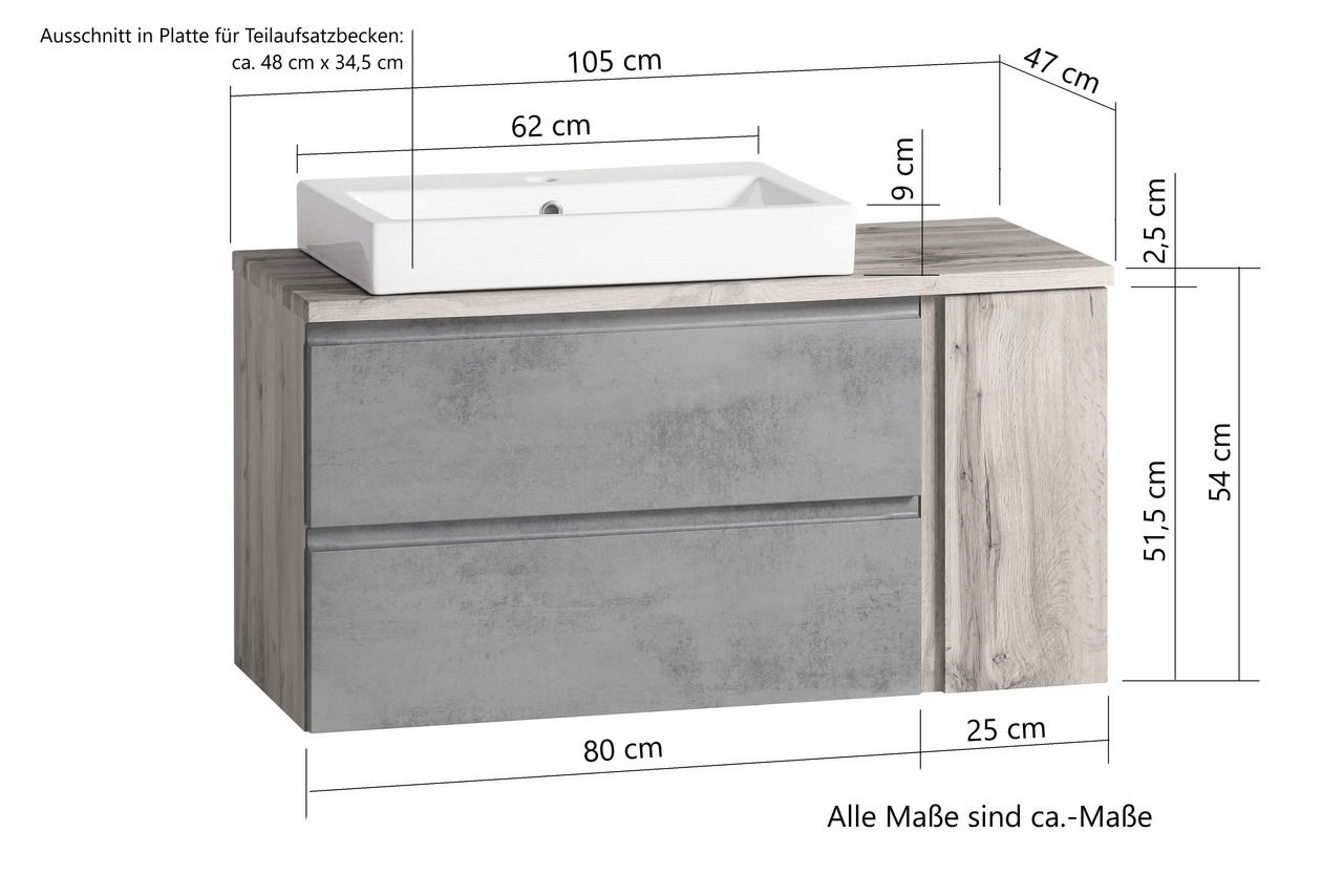 Waschtisch-Set 105 cm mit rechteckigem Waschbecken und zwei Schubladen, Frontansicht