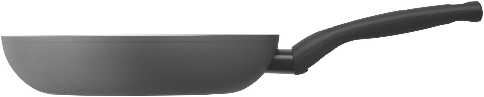 Seitenansicht einer grauen Pfanne mit schwarzem Griff