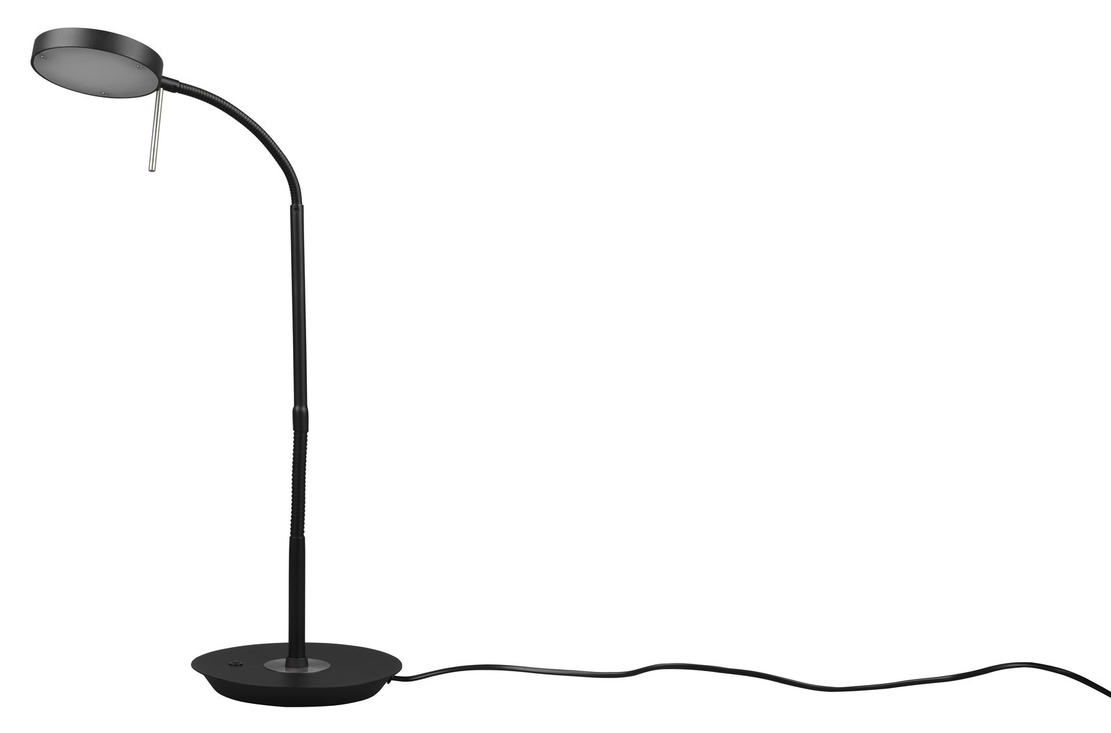 Schwarze LED-Tischleuchte MONZA mit flexiblem Hals und rundem Lampenkopf, seitliche Ansicht