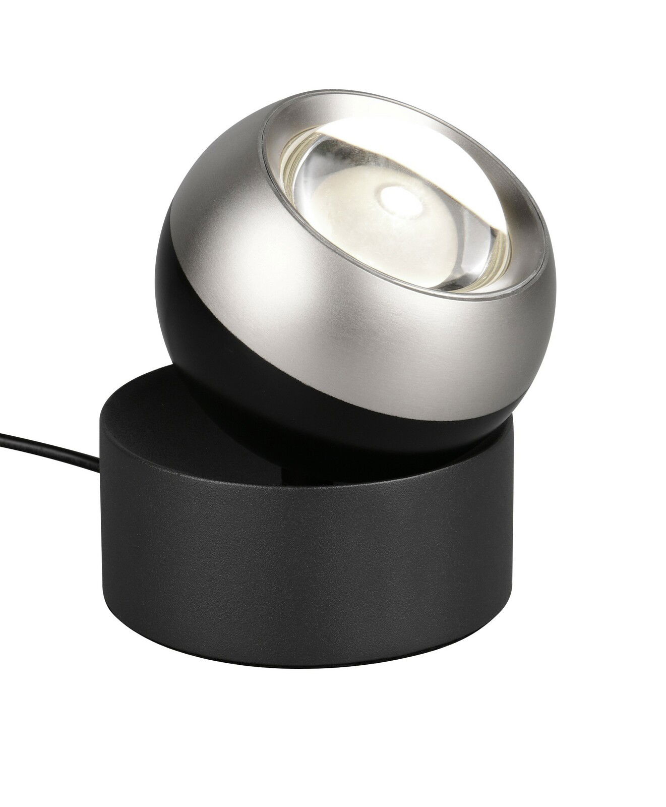 Moderne Tischleuchte mit kugelförmigem, silbernem Lampenschirm auf schwarzem Sockel, seitliche Perspektive