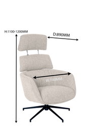 Moderne fauteuil met hoge rugleuning en bijpassende poef, zijaanzicht, afmetingen: hoogte 1100-1200 mm, breedte 740 mm, diepte 890 mm.