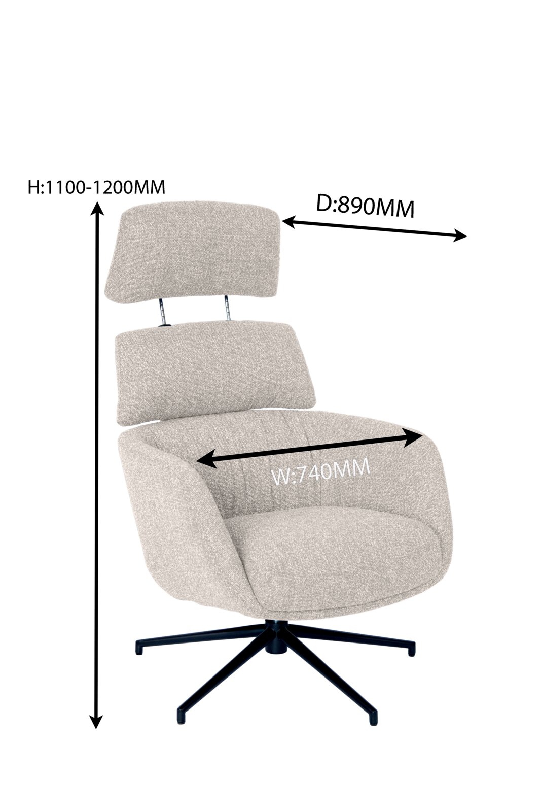 Moderne fauteuil met hoge rugleuning en bijpassende poef, zijaanzicht, afmetingen: hoogte 1100-1200 mm, breedte 740 mm, diepte 890 mm.