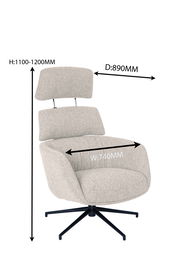 Moderner Sessel mit hoher Rückenlehne und Hocker, seitliche Perspektive, Maße: Höhe 1100-1200 mm, Breite 740 mm, Tiefe 890 mm.