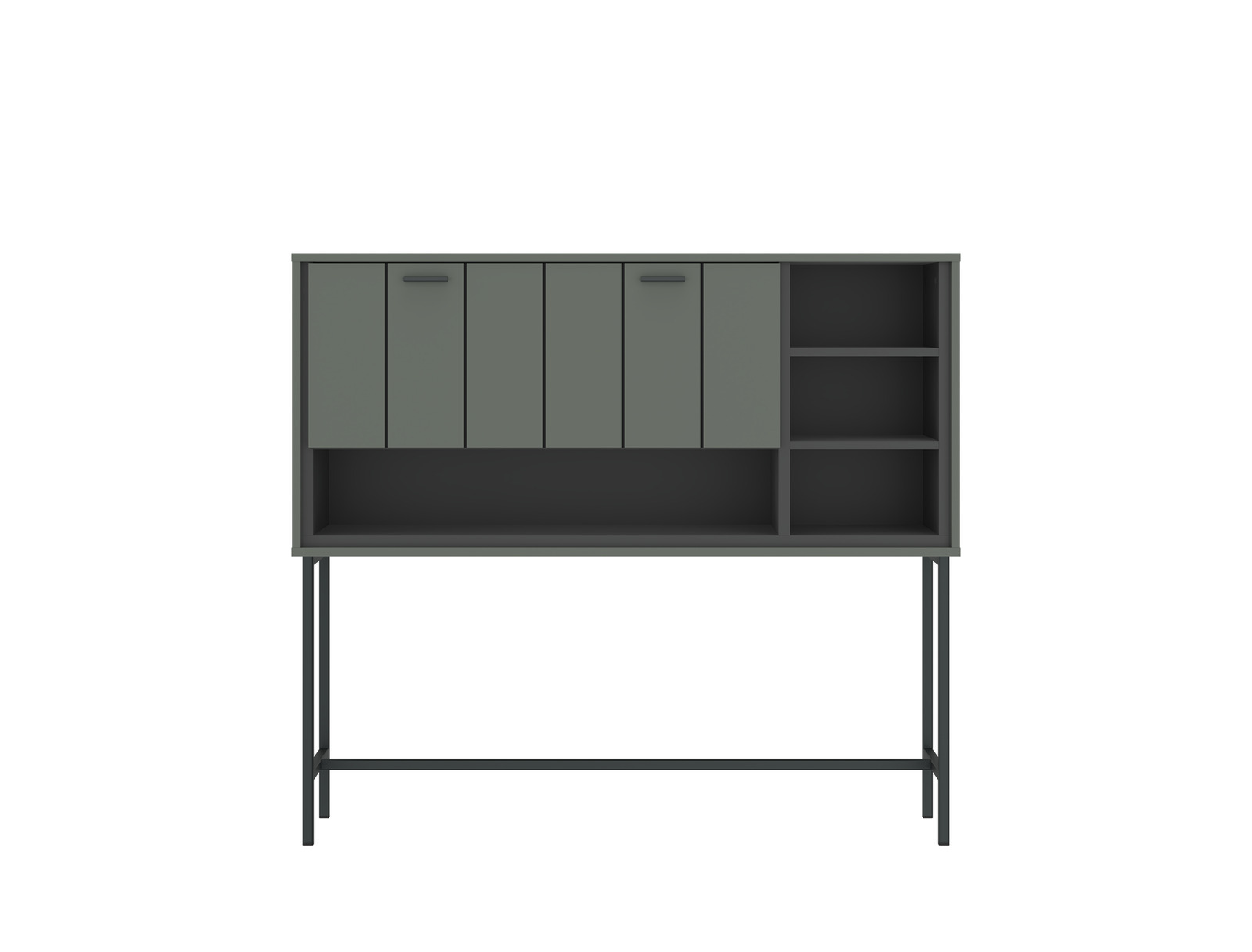 Moderner Barschrank SHIRLEY in dunklem Grün mit offenen und geschlossenen Fächern, frontal betrachtet.