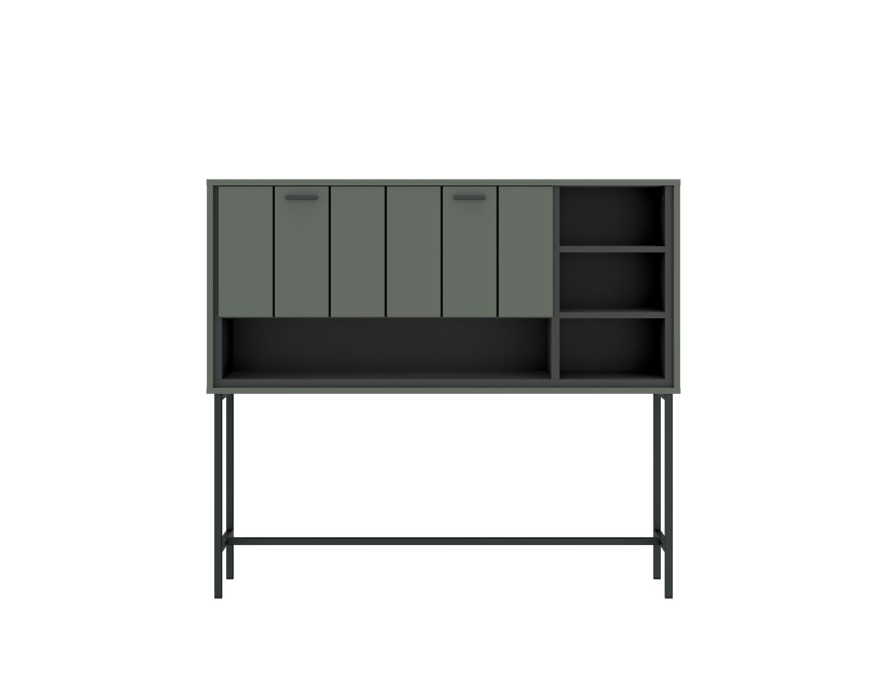Moderner Barschrank SHIRLEY in dunklem Grün mit offenen und geschlossenen Fächern, frontal betrachtet.