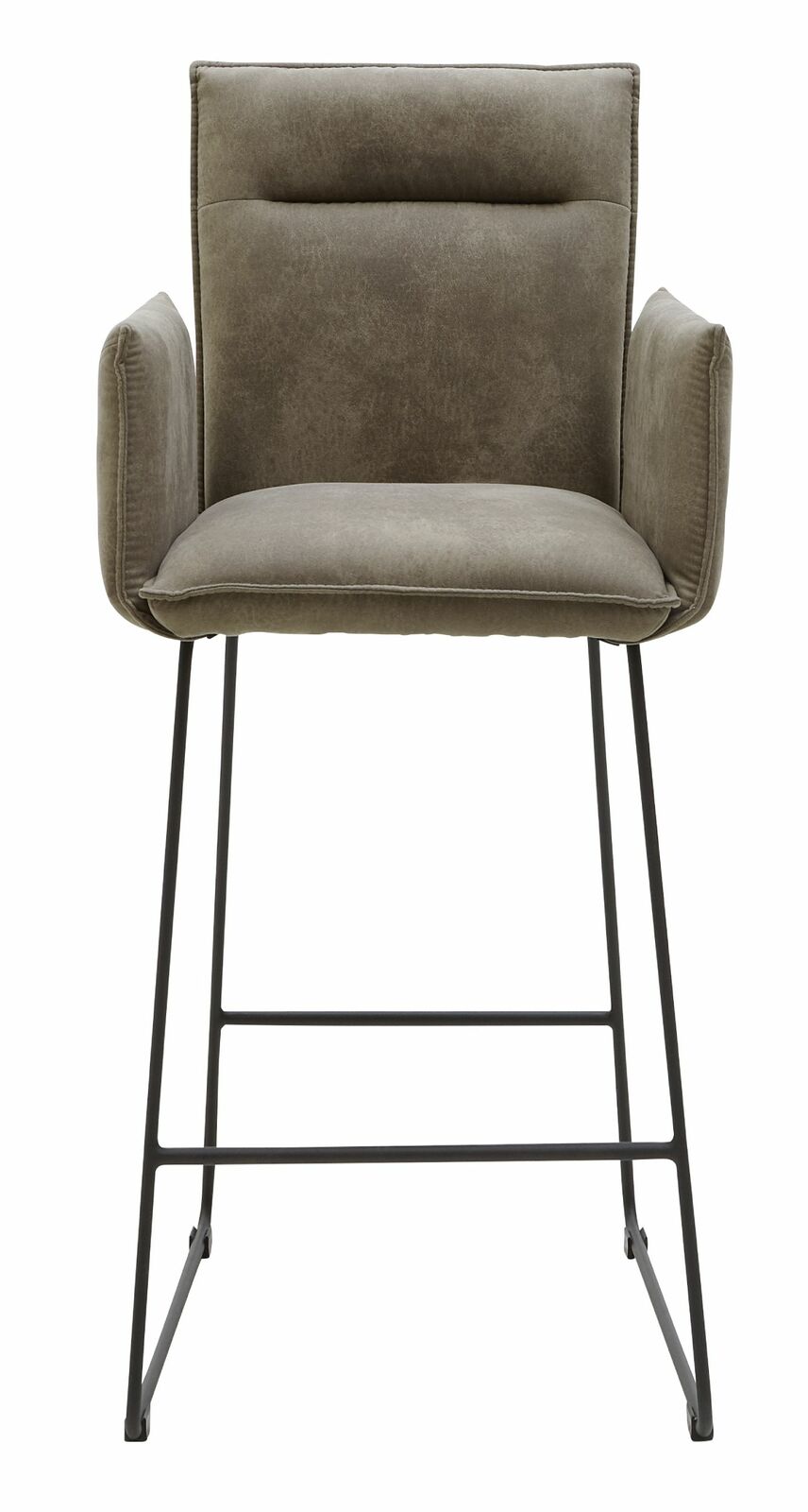 Barsessel in Frontalansicht mit gepolstertem Sitz und Rückenlehne, sowie Metallbeinen.