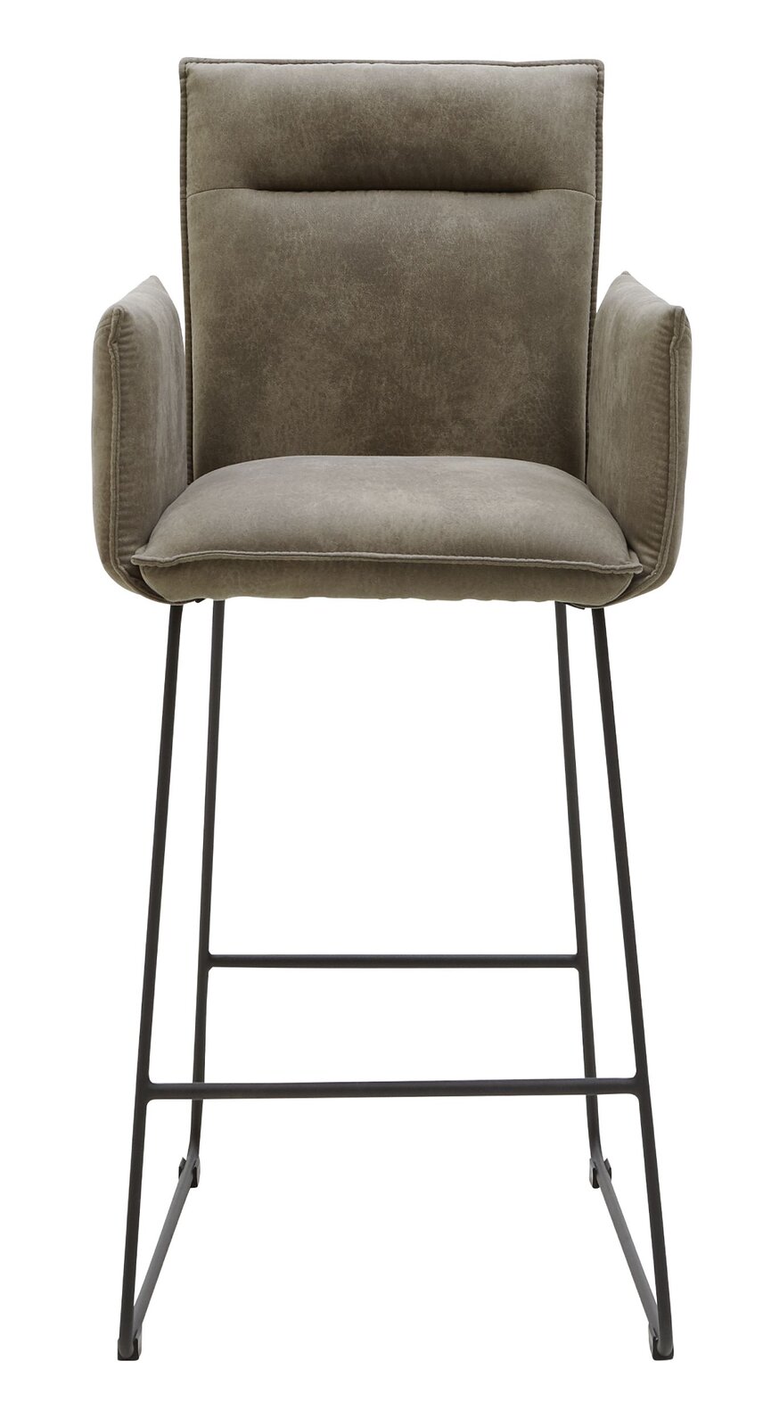 Barsessel in Frontalansicht mit gepolstertem Sitz und Rückenlehne, sowie Metallbeinen.
