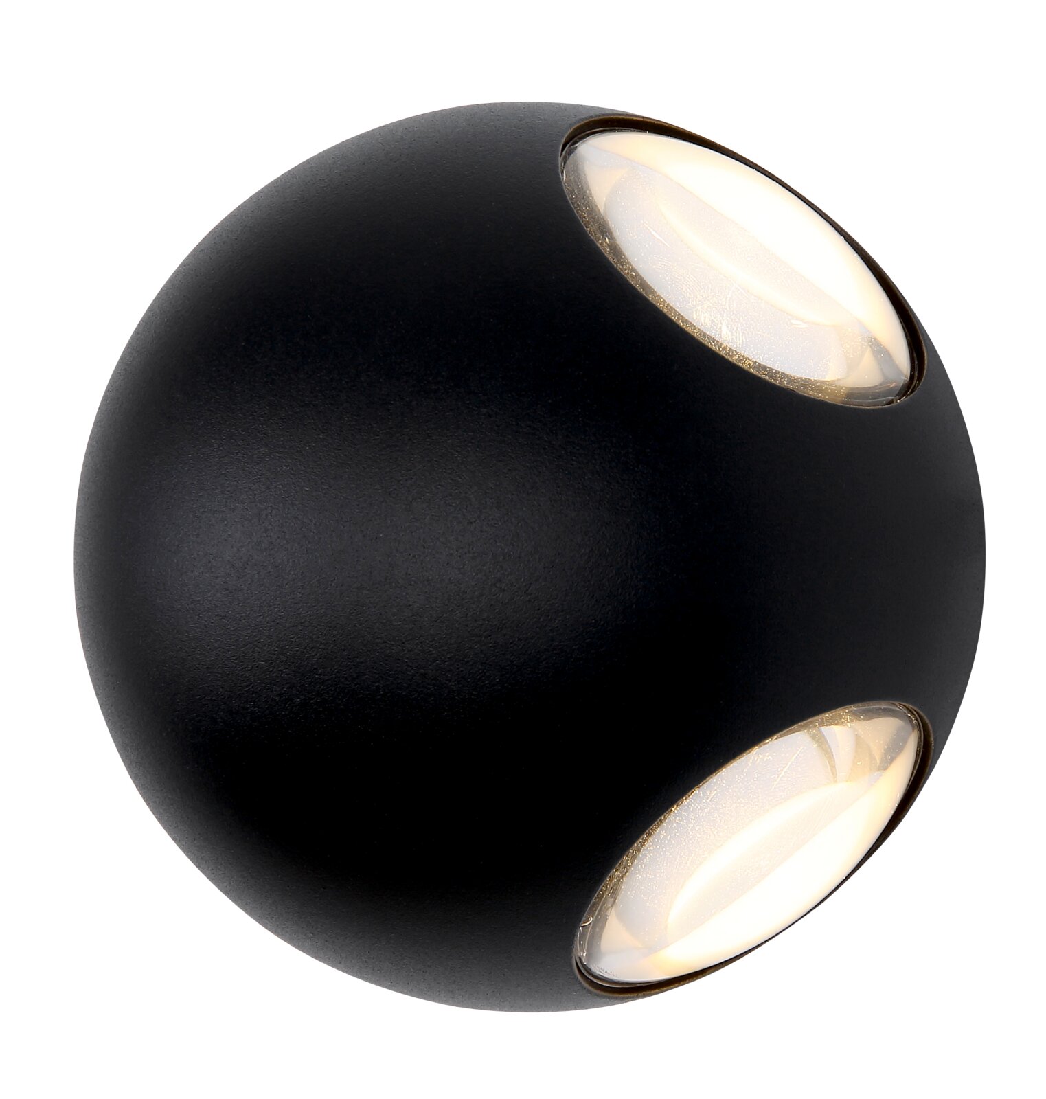Schwarze LED-Außenwandleuchte mit kugelförmigem Design, seitliche Perspektive