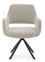 Moderner Armlehnstuhl mit hellgrauem Stoffbezug und schwarzem Metallgestell, Frontalansicht.