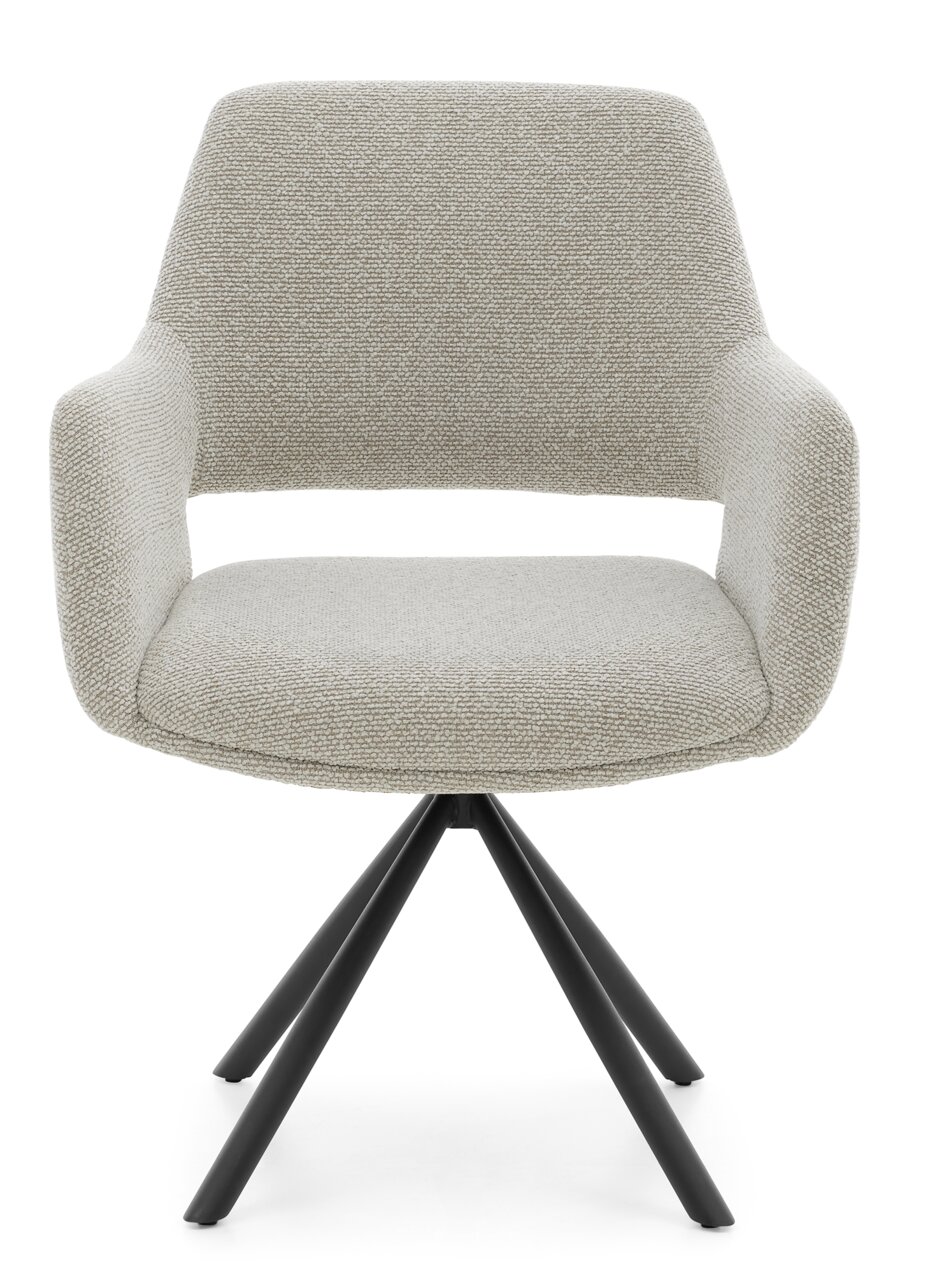 Moderner Armlehnstuhl mit hellgrauem Stoffbezug und schwarzem Metallgestell, Frontalansicht.