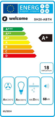 EU-Energielabel für Welcome SH20-ABTH mit Effizienzklasse A+, 18 kWh/annum und 68 dB Geräuschpegel, frontale Ansicht.