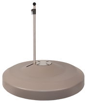 Moderner Schirmständer aus Metall mit runder Basis und vertikaler Stange, seitliche Perspektive.