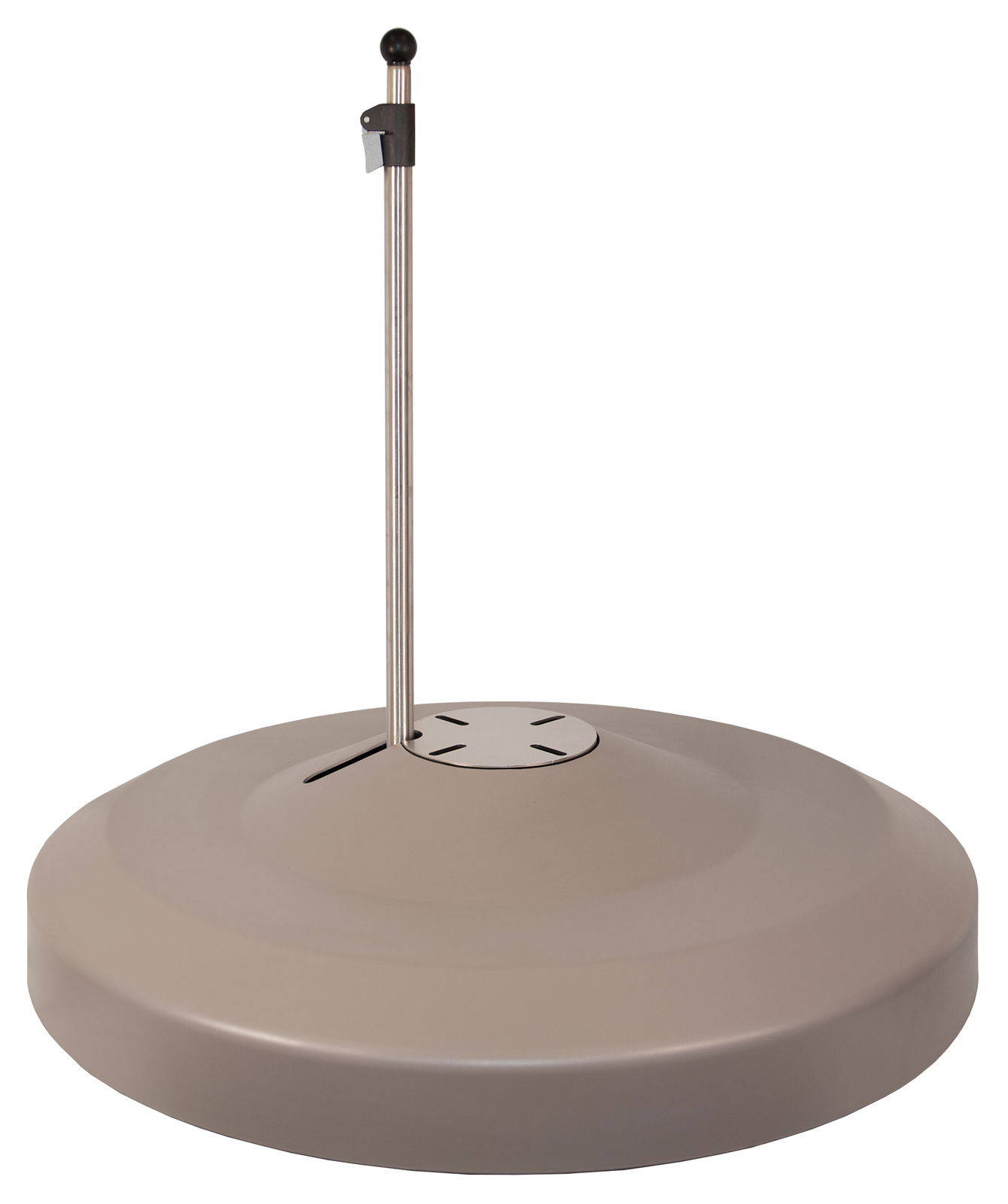 Moderner Schirmständer aus Metall mit runder Basis und vertikaler Stange, seitliche Perspektive.