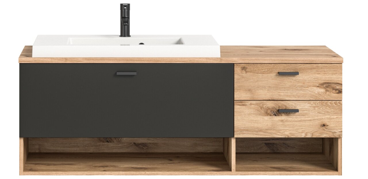 Moderner Waschtisch mit Holzoptik und schwarzem Schrank, Frontalansicht