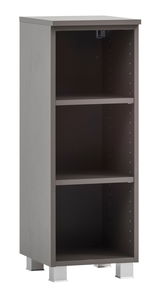 Graues Unterschrank-Regal mit zwei Einlegeböden, frontal betrachtet.