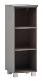 Graues Unterschrank-Regal mit zwei Einlegeböden, frontal betrachtet.