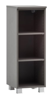 Graues Unterschrank-Regal mit zwei Einlegeböden, frontal betrachtet.