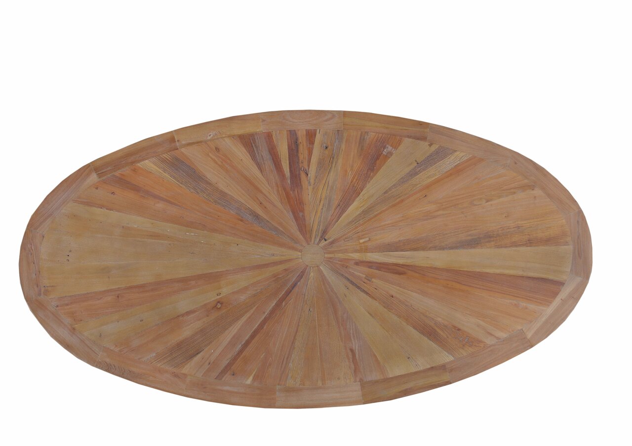 Ronde houten eettafel met stralend patroon, gezien van bovenaf
