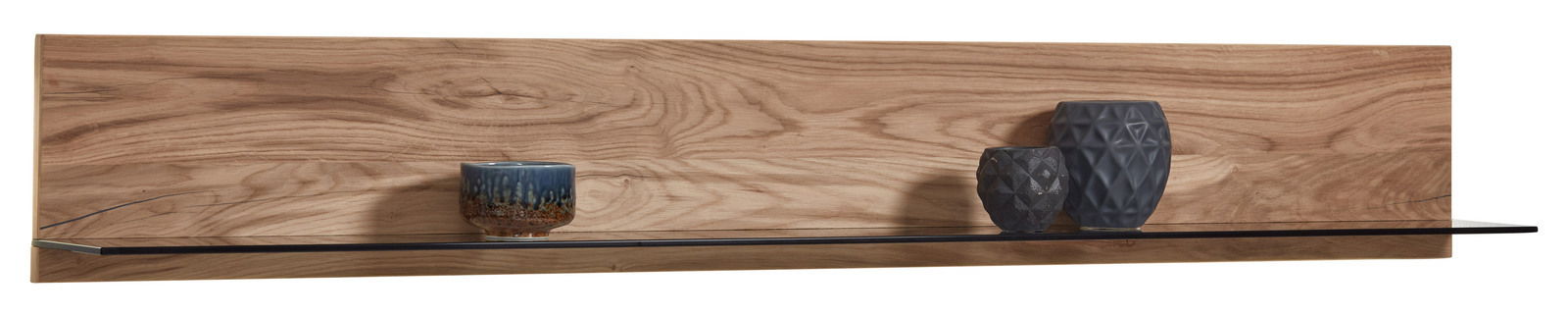 Wandpaneel aus Holz mit Glasablage, dekoriert mit Vasen, Frontalansicht