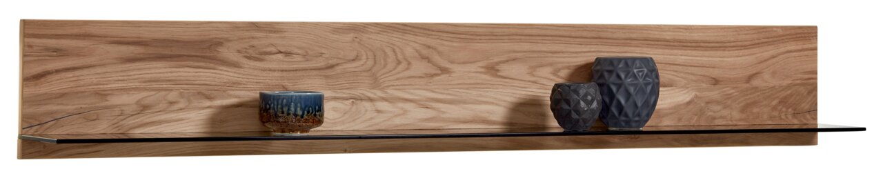 Wandpaneel aus Holz mit Glasablage, dekoriert mit Vasen, Frontalansicht